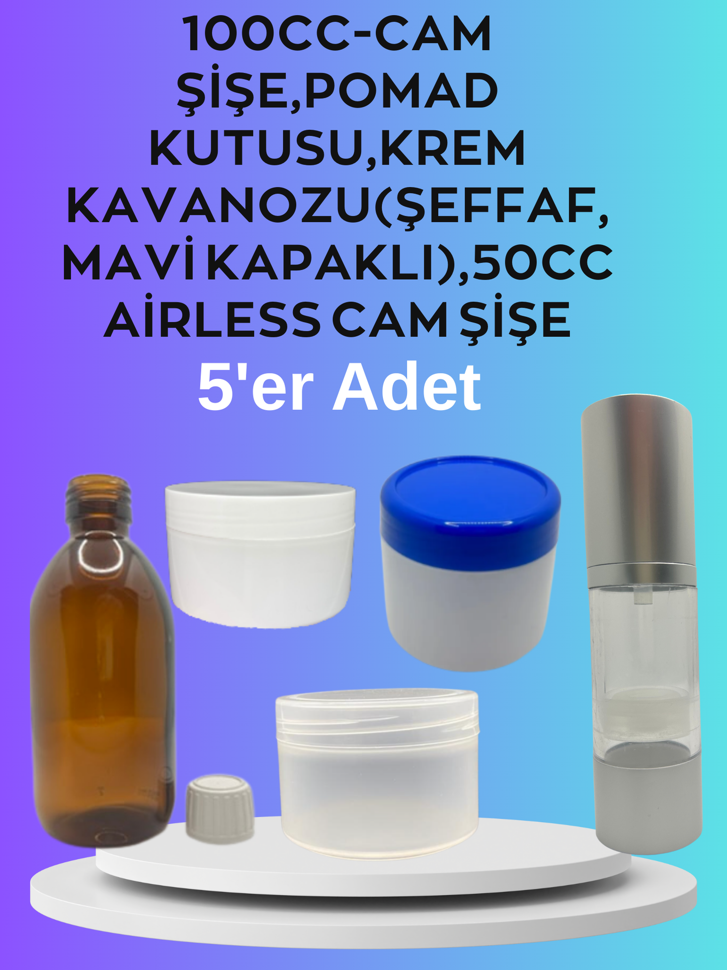 Cam Şişe&Kutu Set –100cc Amber Cam Şişe,Pomad Kutusu,Krem Kavanozu, Airless Cam Şişe 50cc – 5'li Set